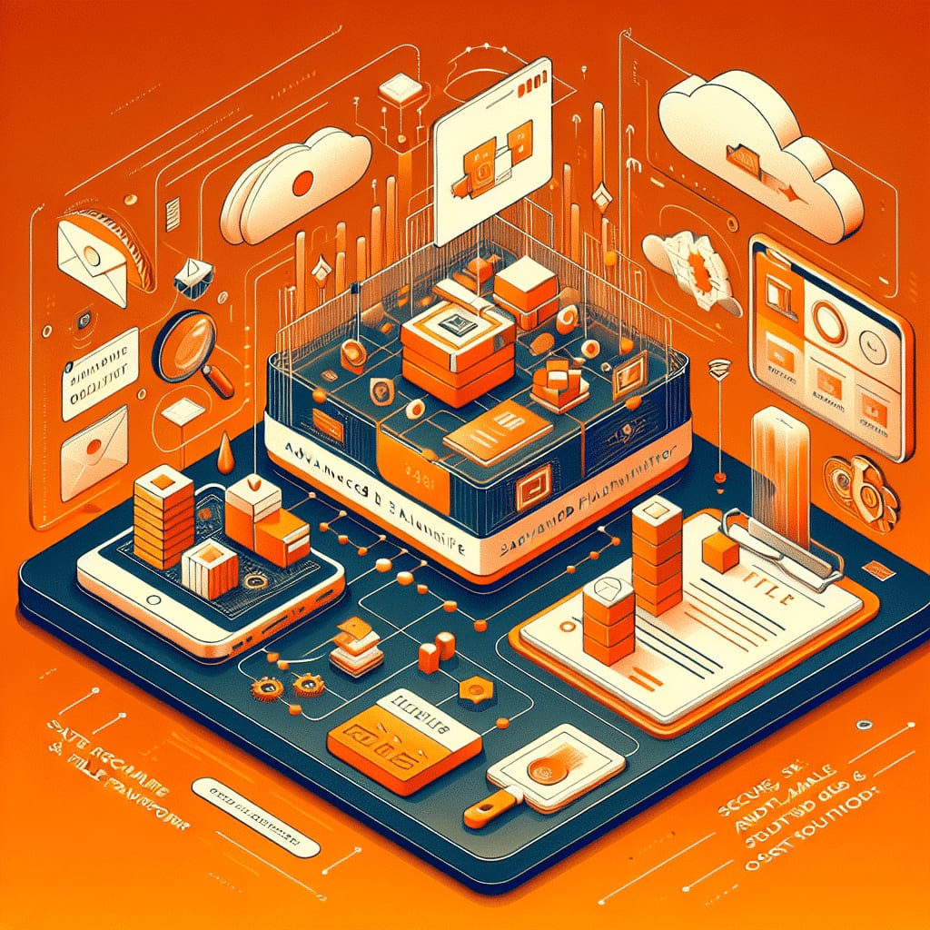 Isometric illustration of files moving between a phone, a document panel and storage blocks, under clouds with transfer arrows