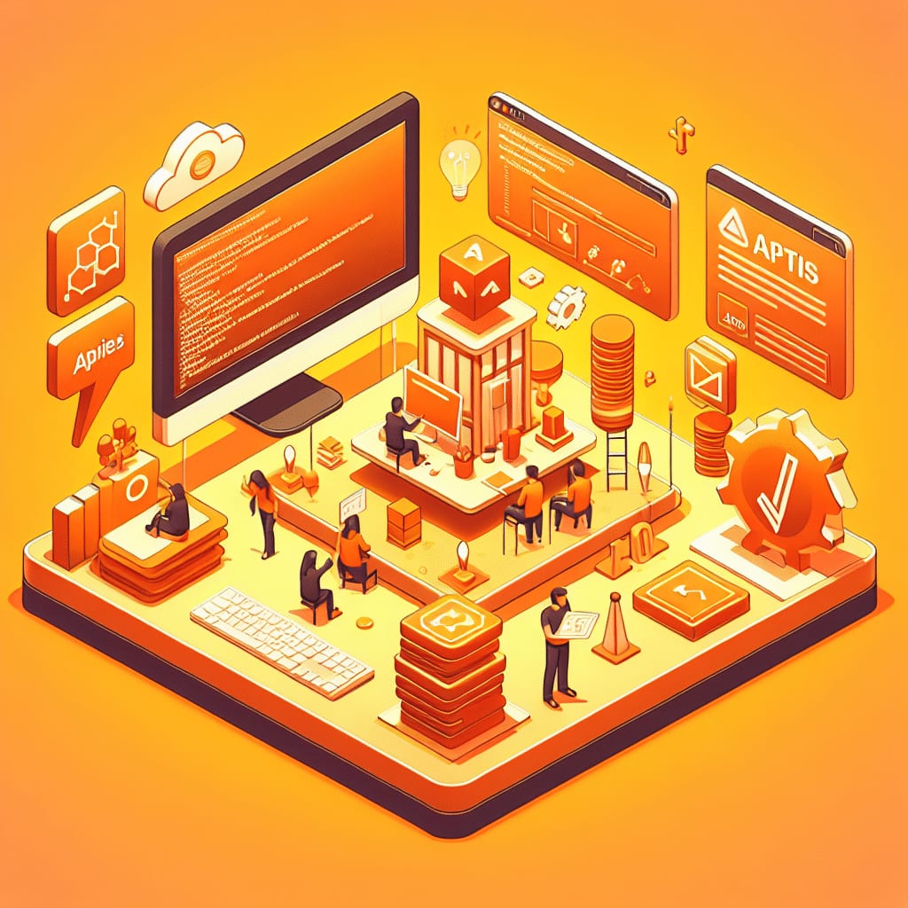 Isometric illustration of developers working around a central service block, with a monitor of code and API panels floating above