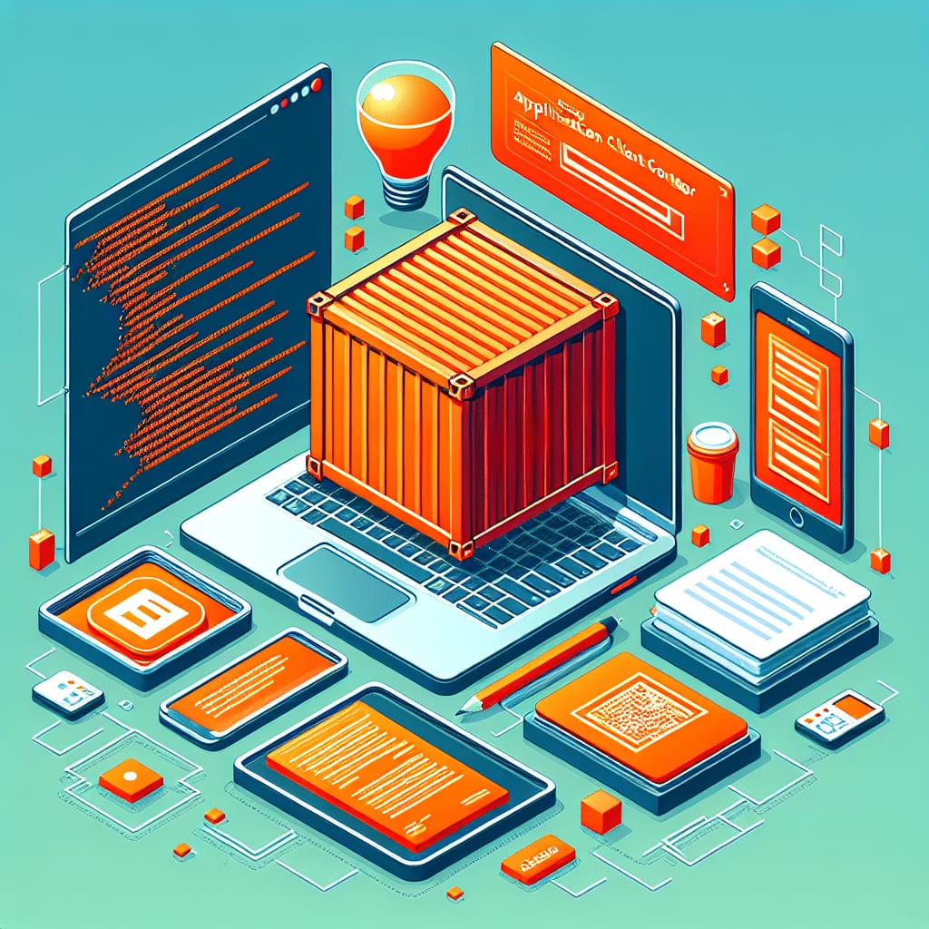 Isometric illustration of a shipping container sitting on an open laptop, with code panels and mobile screens around it
