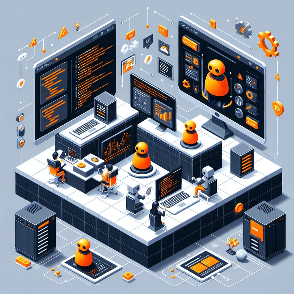 Isometric illustration of an office where orange chatbot figures work alongside people at screens of code and dashboards