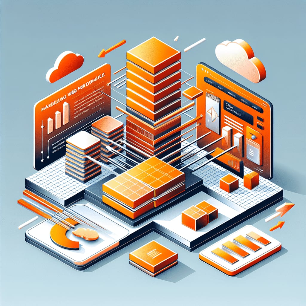 Isometric illustration of stacked server layers on a platform, wired to browser panels and cloud icons