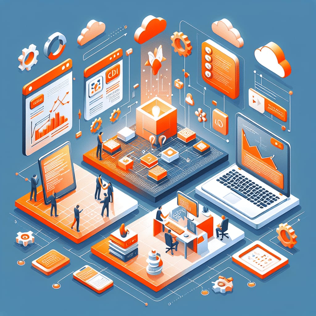 Isometric illustration of a command-line block at the centre of linked panels of code, charts and cloud icons