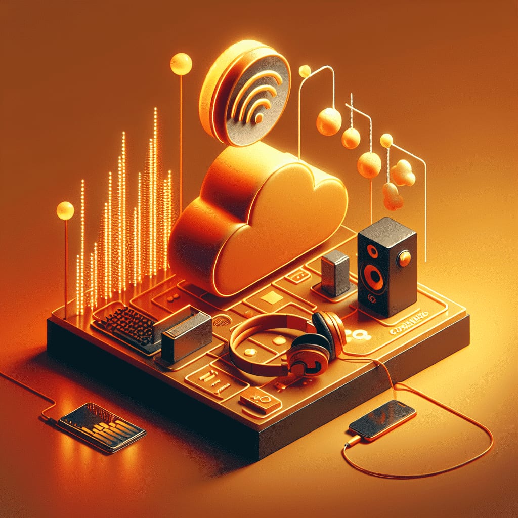 Ilustración isométrica de una mesa de audio con auriculares, un altavoz y un teléfono, bajo una nube y un símbolo de wifi