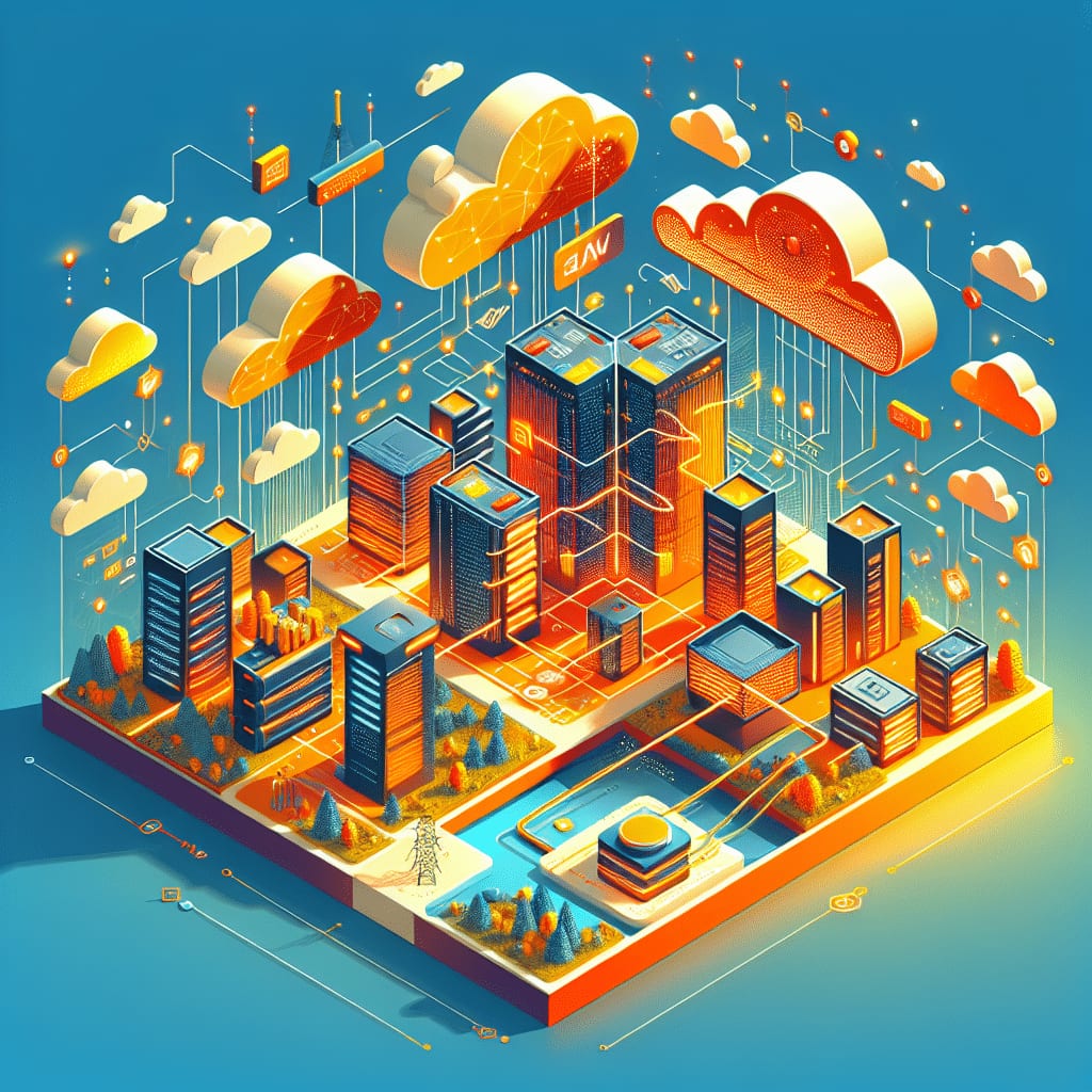 Isometric illustration of server racks and office towers on a platform, linked by glowing lines to clouds floating overhead