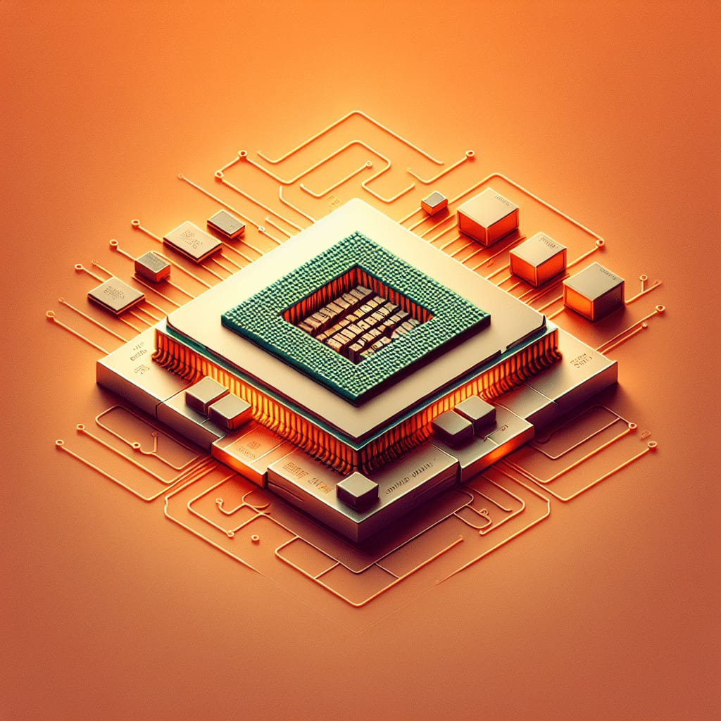 Isometric illustration of a processor chip seated in its socket at the centre of a circuit board