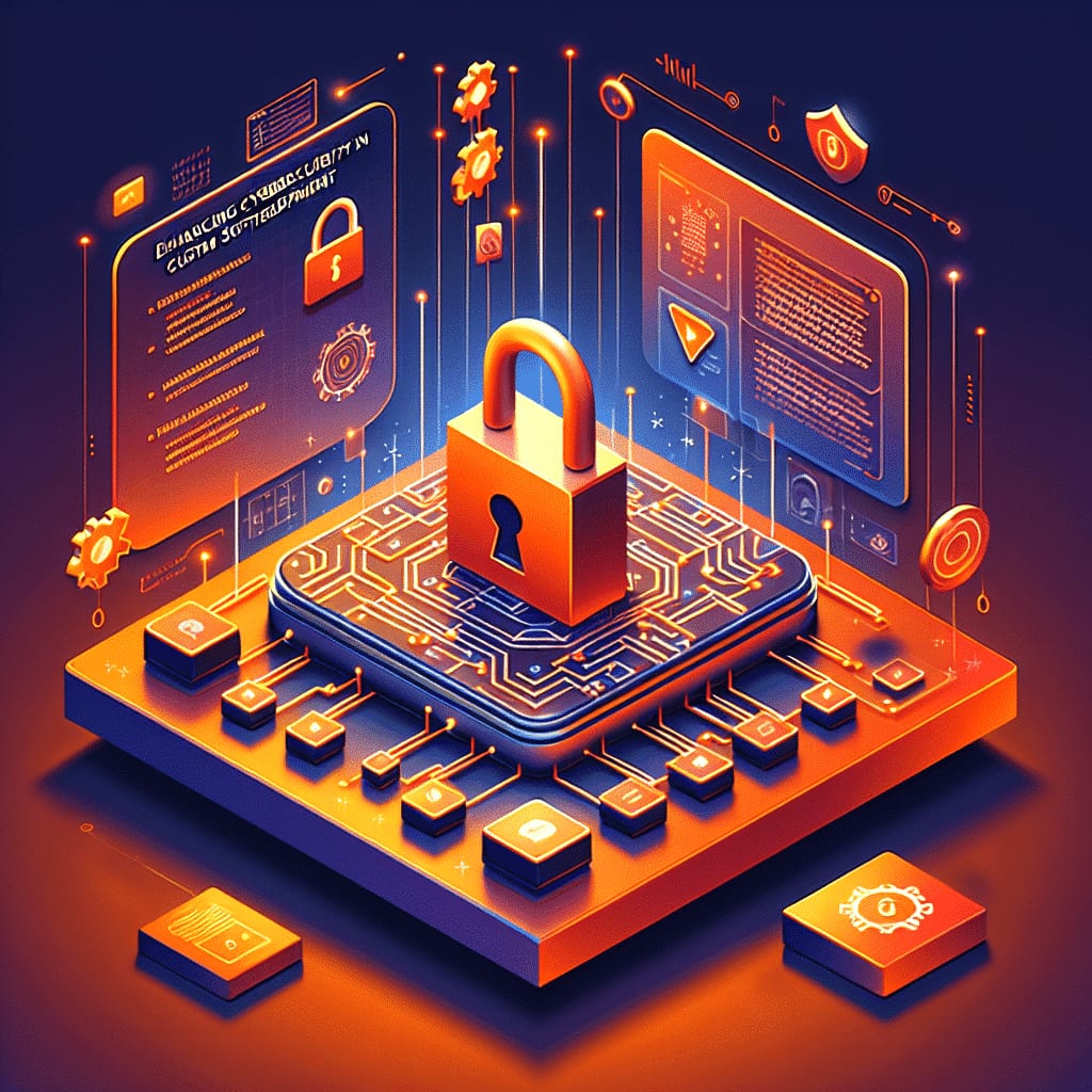 Isometric illustration of a large padlock standing on a circuit-board platform, with security panels glowing on either side