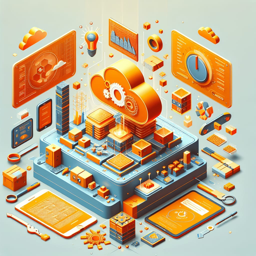 Isometric illustration of a cloud with gears above a platform of data blocks, flanked by charts and a gauge