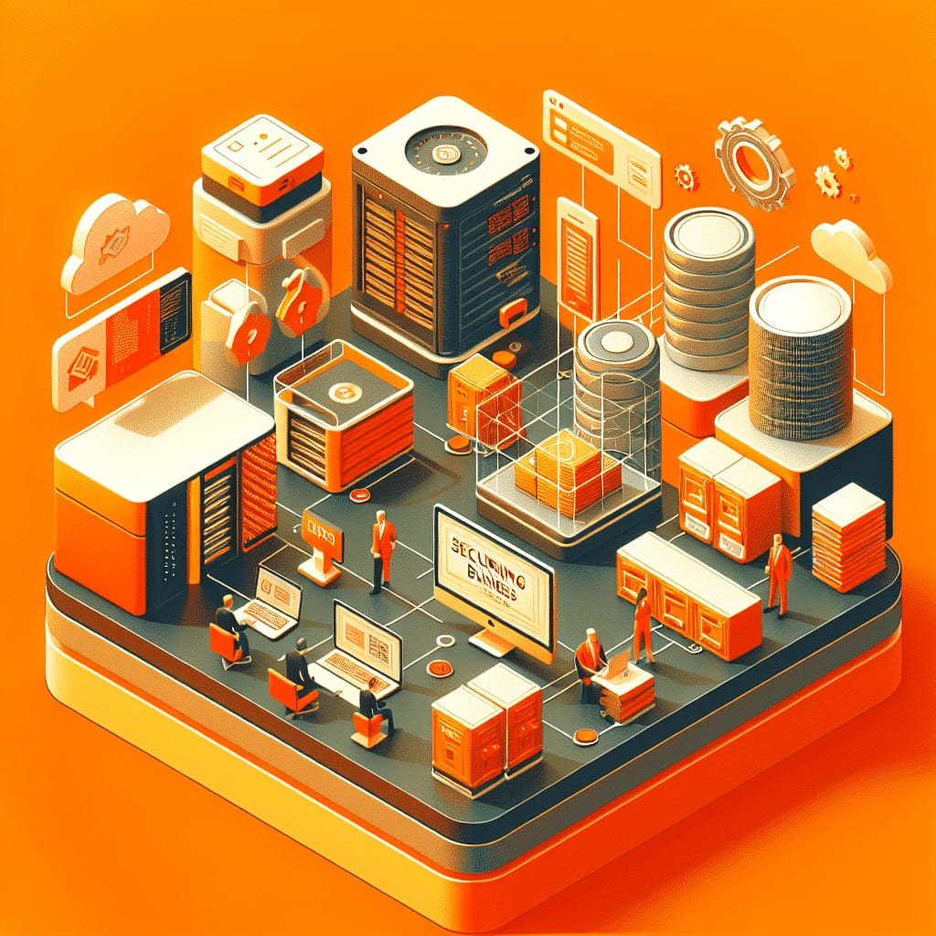 Isometric illustration of a data centre floor with staff at workstations among server racks, storage drums and padlock icons