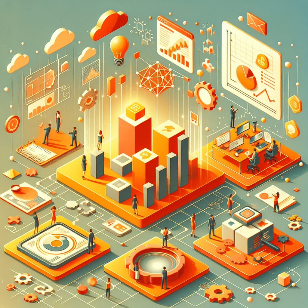Isometric illustration of a bar chart on a platform surrounded by analysts, dashboards, clouds and gears