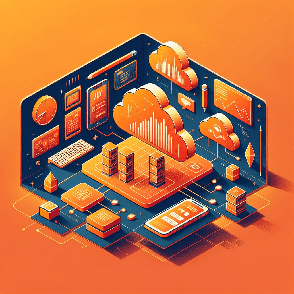 Isometric illustration of server stacks on a platform beneath clouds carrying bar charts, with dashboard panels and a phone