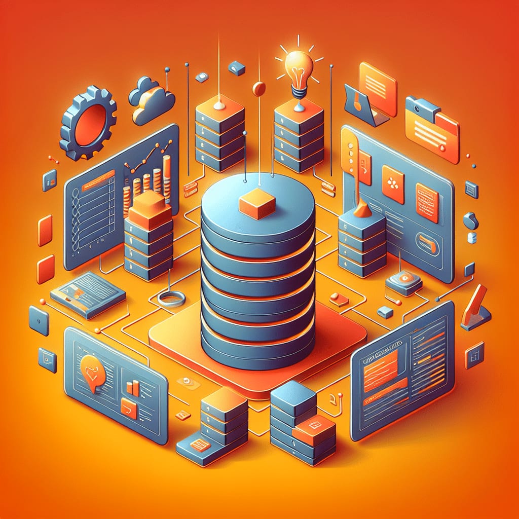 Isometric illustration of a large database cylinder on a platform, wired to dashboards, server stacks and a lightbulb