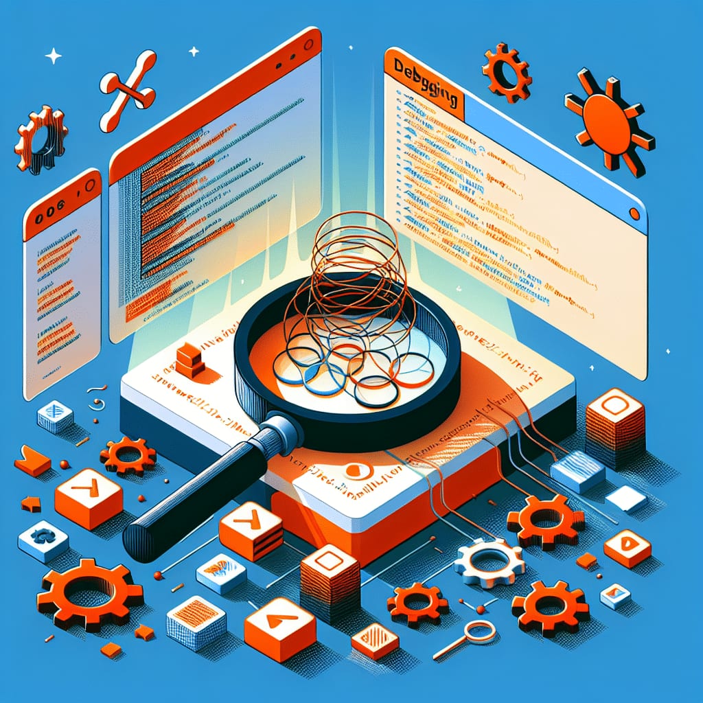 Isometric illustration of a magnifying glass over a tangle of wires, in front of screens of code, captioned “Debugging”