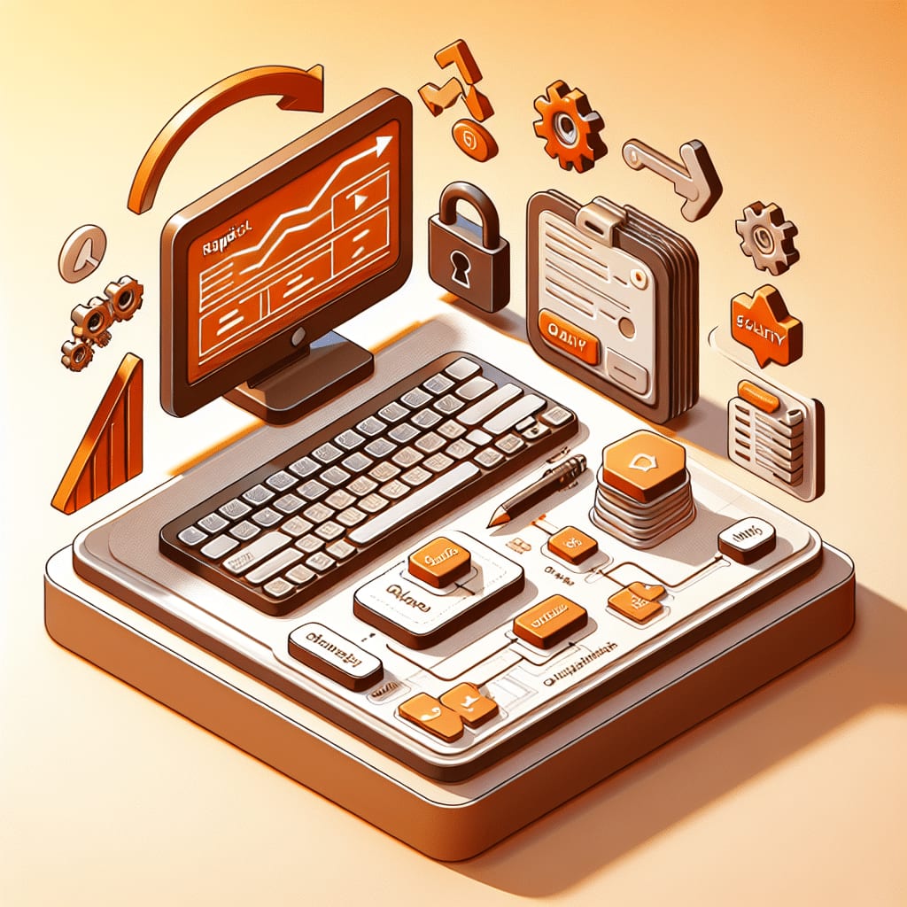 Ilustración isométrica de un monitor y un teclado sobre una plataforma, con un candado, un portapapeles y un diagrama de flujo alrededor