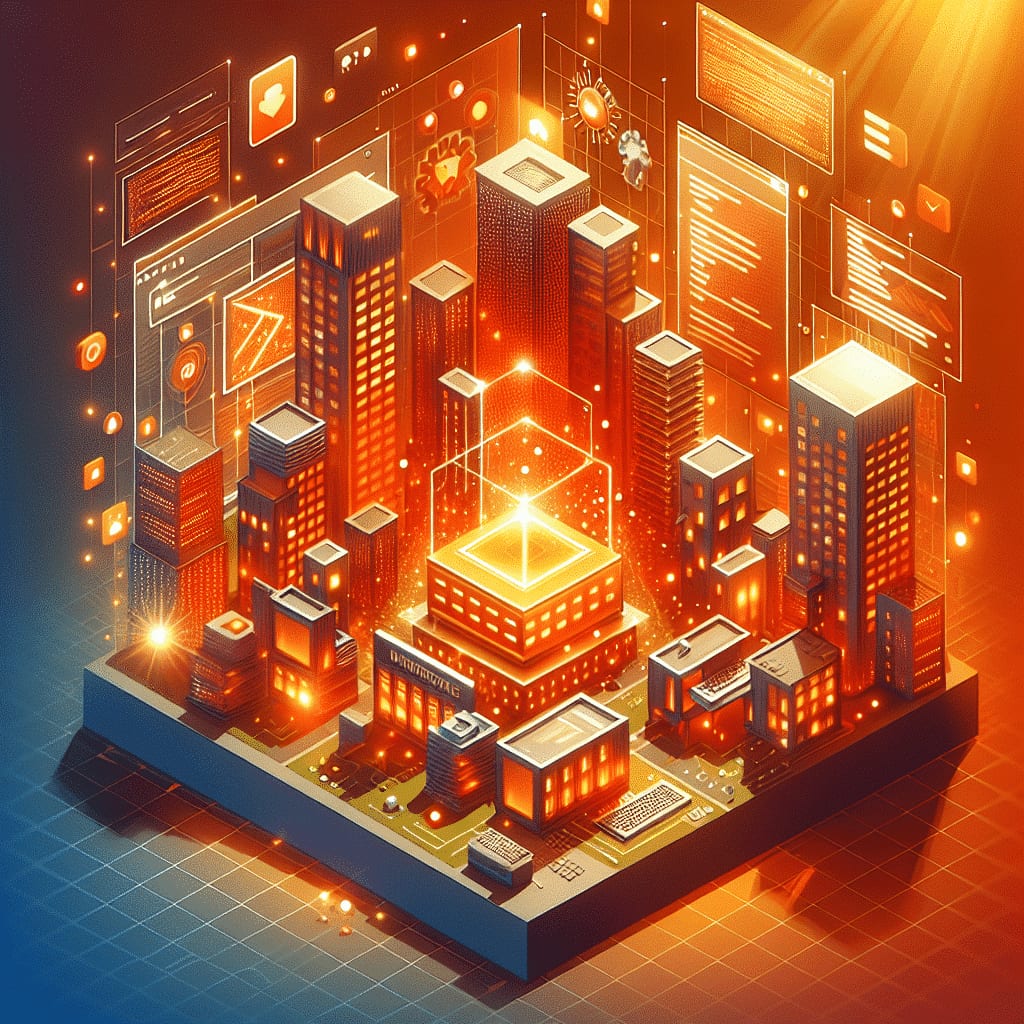 Isometric illustration of a glowing city of data centres and office towers wired together, with floating panels of code