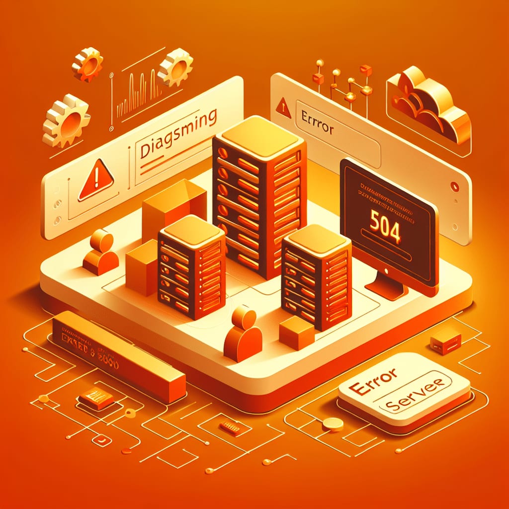 Isometric illustration of server racks beside a monitor showing “504”, under warning triangles and an error banner