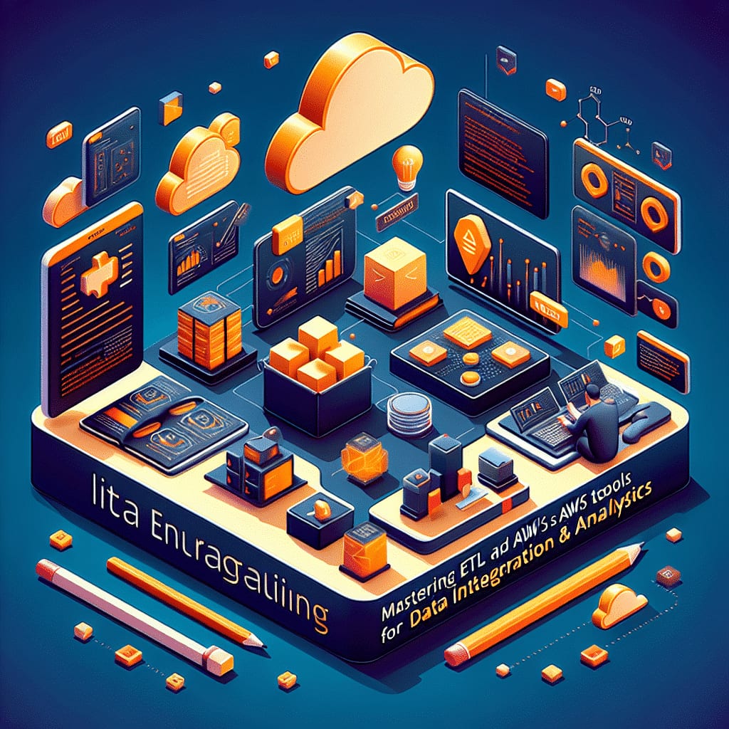 Ilustración isométrica de una plataforma de datos con bloques de almacenamiento y cuadros de mando bajo nubes naranjas