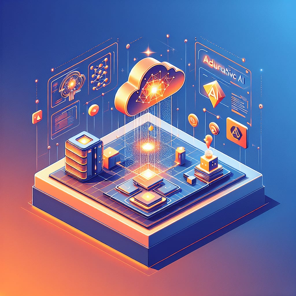Isometric illustration of a cloud raining light onto a circuit platform, beside panels showing a brain and a network graph