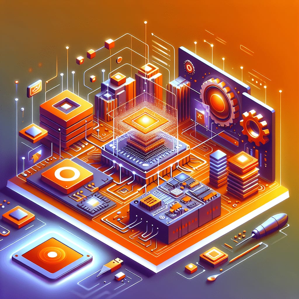 Isometric illustration of a glowing processor at the centre of a circuit platform, with a large gear on a panel behind it