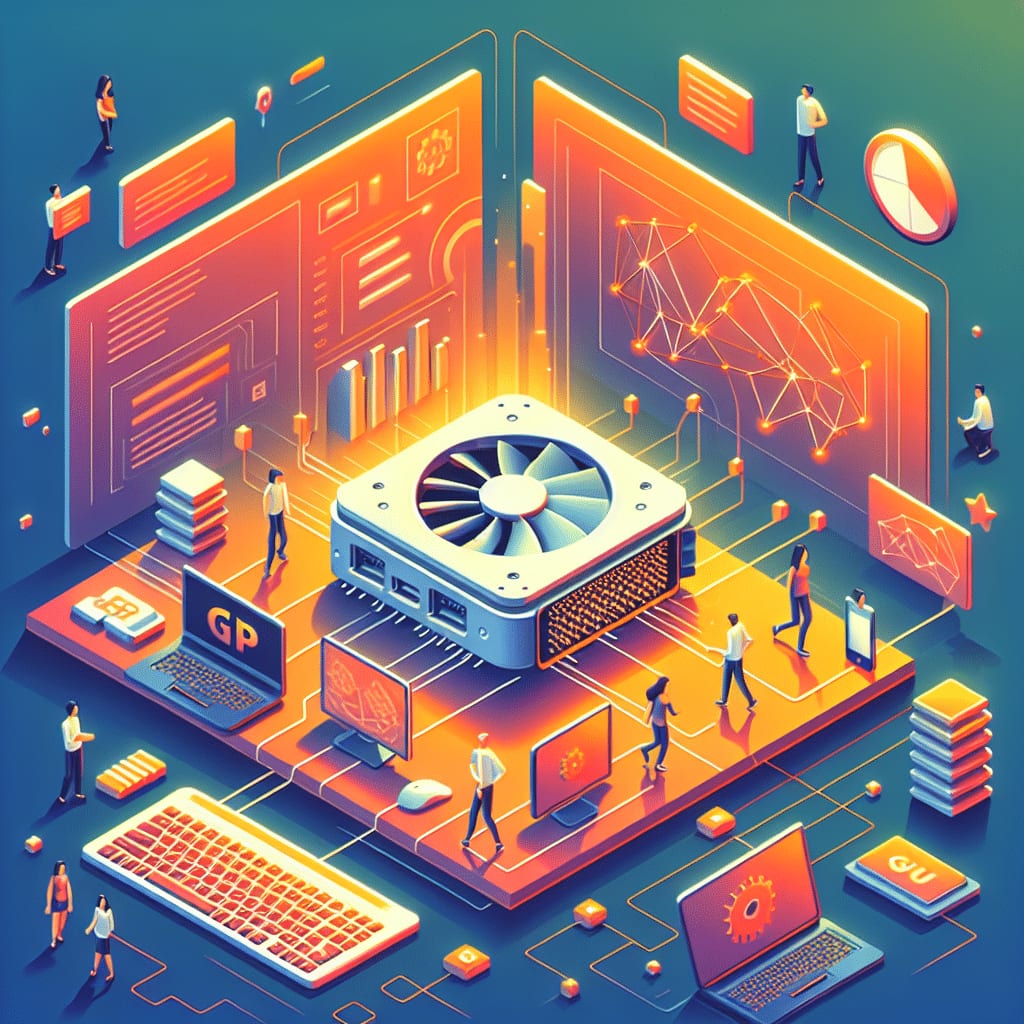 Isometric illustration of a graphics card with a large cooling fan on a platform, wired to dashboards and a neural-network diagram