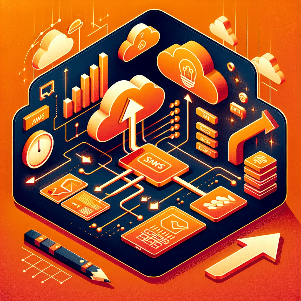 Isometric illustration of a central data node wired to clouds, charts and document panels, with a large arrow curving upward