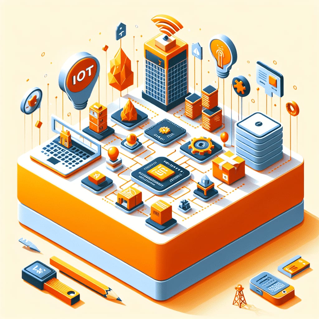 Isometric illustration of connected devices, sensors and a radio mast on a platform, with a tag reading “IoT”