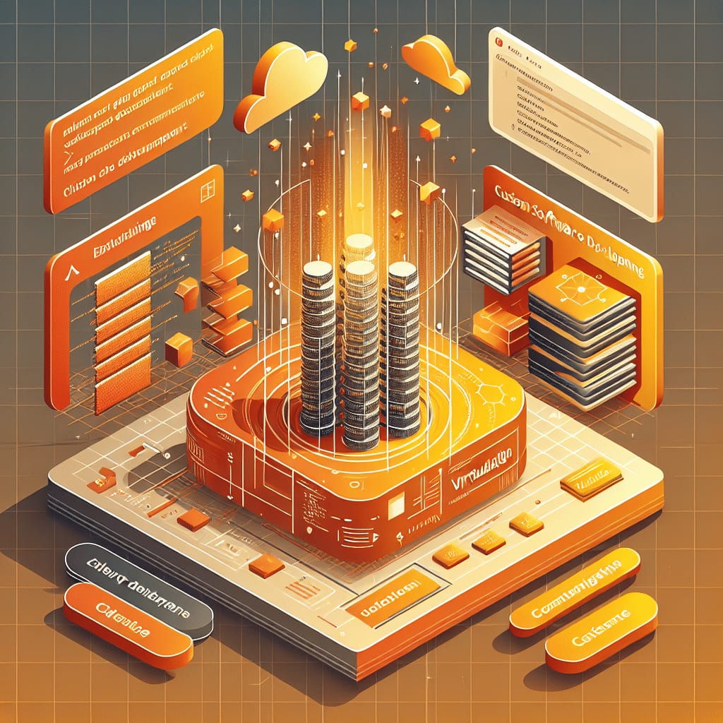 Isometric illustration of stacked server columns rising from a glowing dial on a platform, surrounded by configuration panels