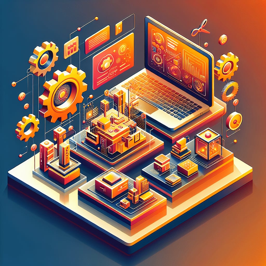 Isometric illustration of an open laptop showing dashboards, flanked by large gears and circuit-board tiles