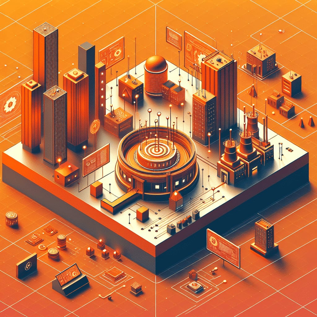 Isometric illustration of an orange cityscape built around a circular arena, with data panels floating between the towers