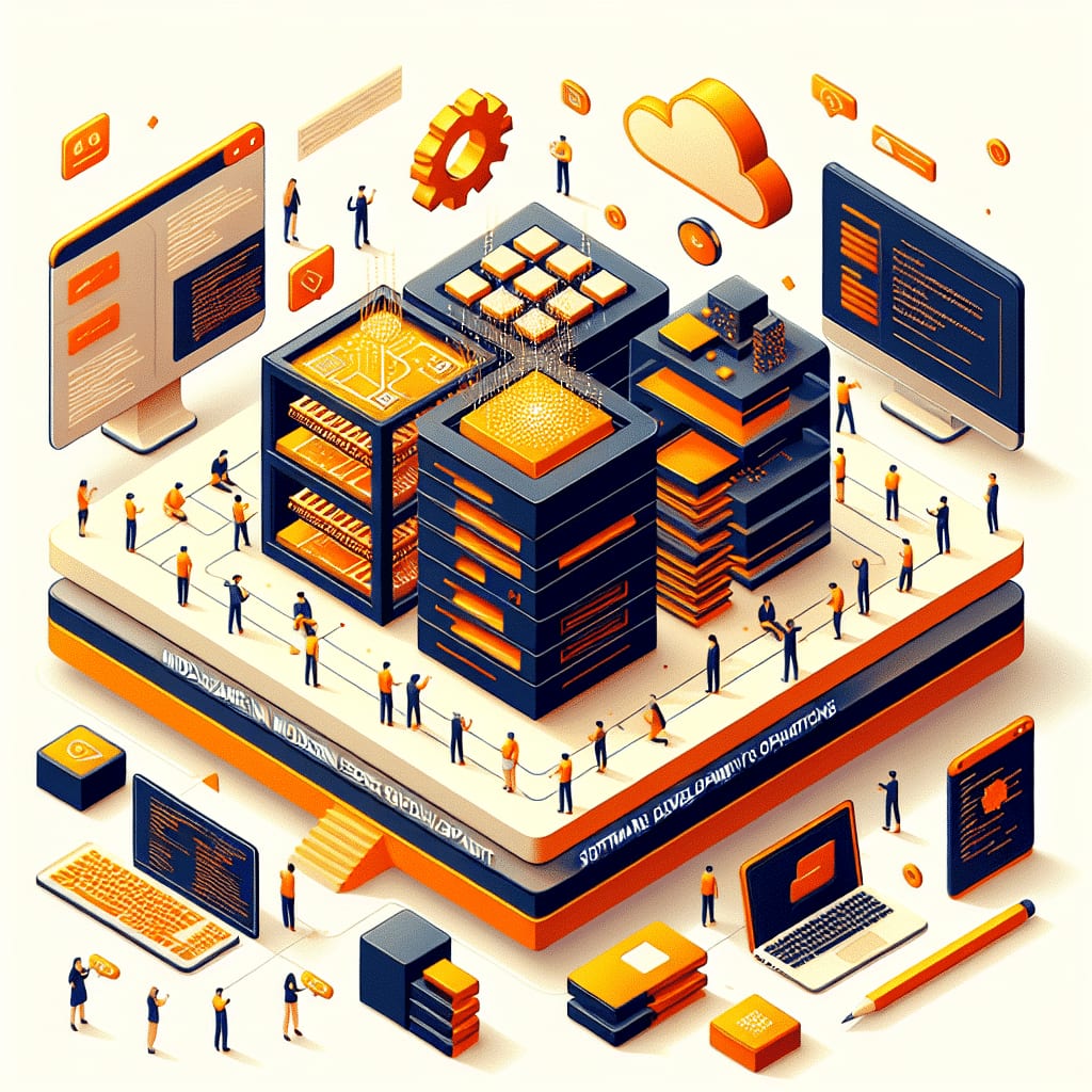 Isometric illustration of server towers on a platform with staff working around them and code panels on either side