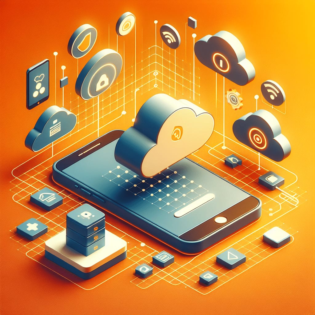 Isometric illustration of a cloud rising out of a phone screen, connected to smaller cloud and storage icons