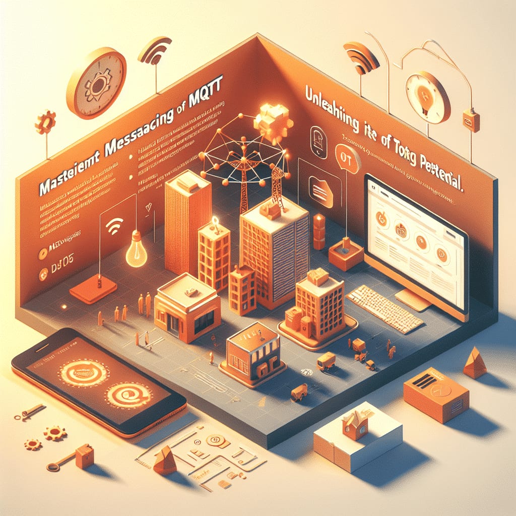 Isometric illustration of a small city with a radio mast and a mesh of connected nodes, beside a phone and a monitor
