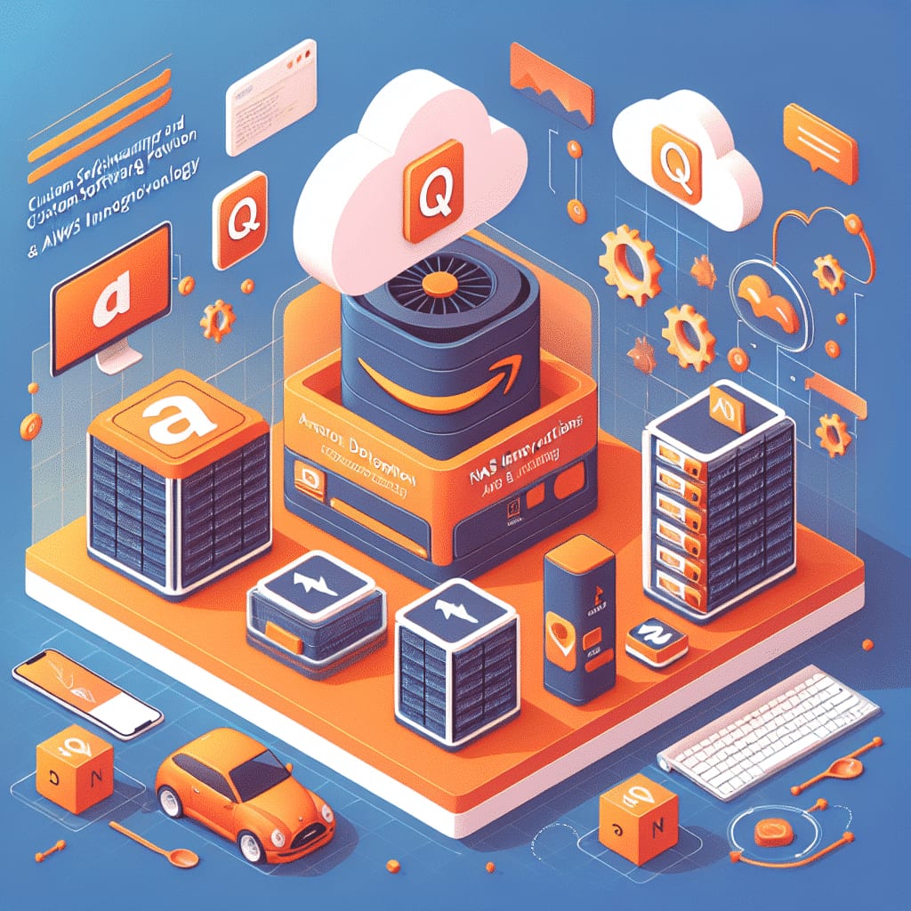Ilustración isométrica de unidades de almacenamiento de Amazon y racks de servidores, con iconos de nube con la letra Q