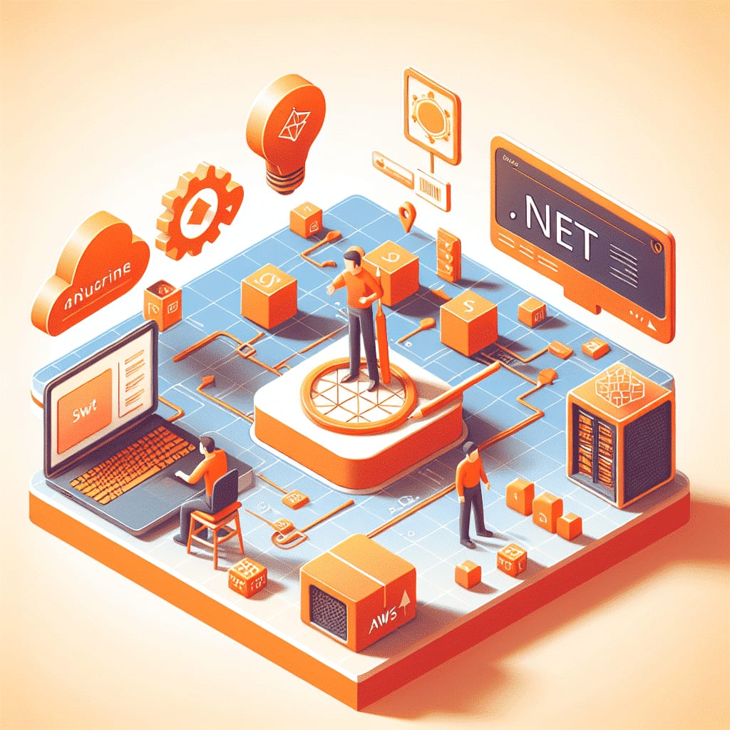 Ilustración isométrica de una plataforma rotulada «.NET», con figuras ante un portátil y un bloque de servidores de AWS