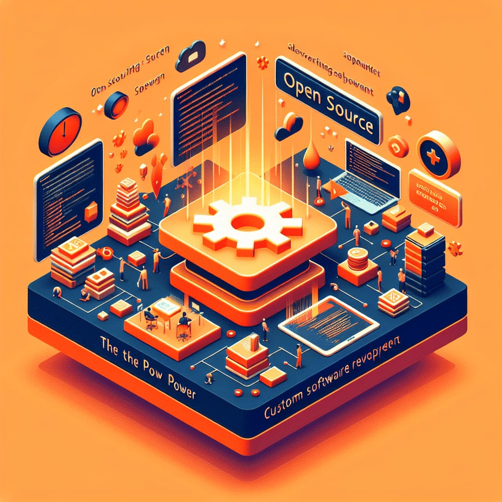 Ilustración isométrica de un gran engranaje blanco sobre una plataforma rotulada «Open source», con paneles de código alrededor