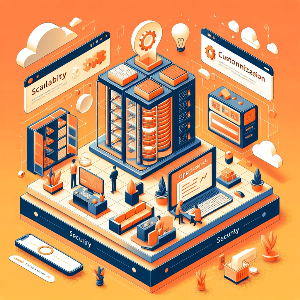 Ilustración isométrica de un gran rack de servidores en una plataforma de oficina, bajo paneles que dicen escalabilidad, personalización y seguridad