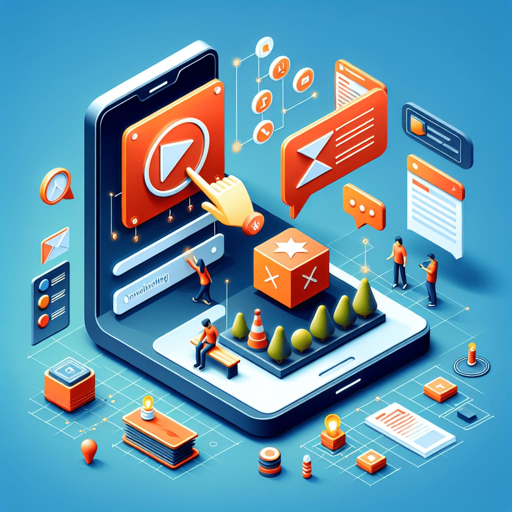 Isometric illustration of a hand tapping a play button on a large phone screen, with notification bubbles popping out beside it
