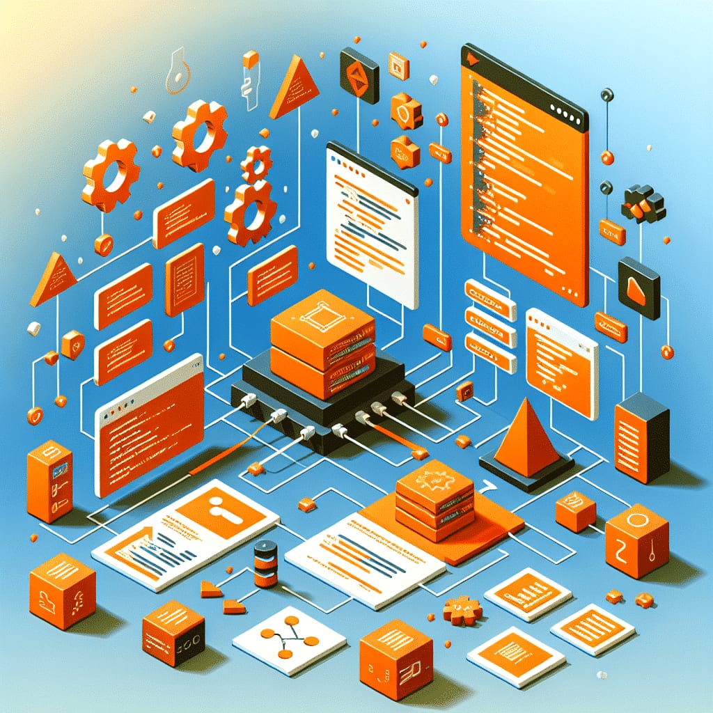Isometric illustration of a rendering server wired to code windows, document panels and gears on a blue background
