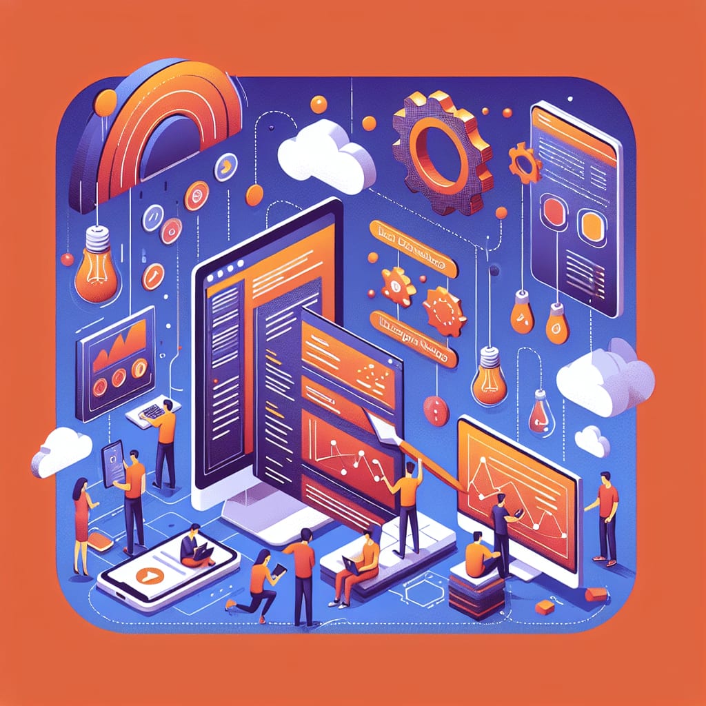 Isometric illustration of a team working around large monitors of code and charts, with gears, clouds and lightbulbs above
