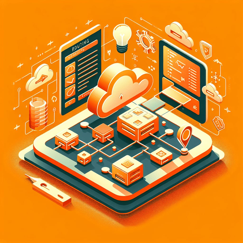 Isometric illustration of linked routing nodes on a platform beneath a cloud, with a checklist panel and a map pin