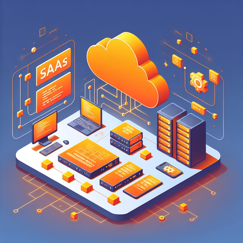 Isometric illustration of a cloud above a platform of servers, screens and a laptop, beside a panel reading “SaaS”