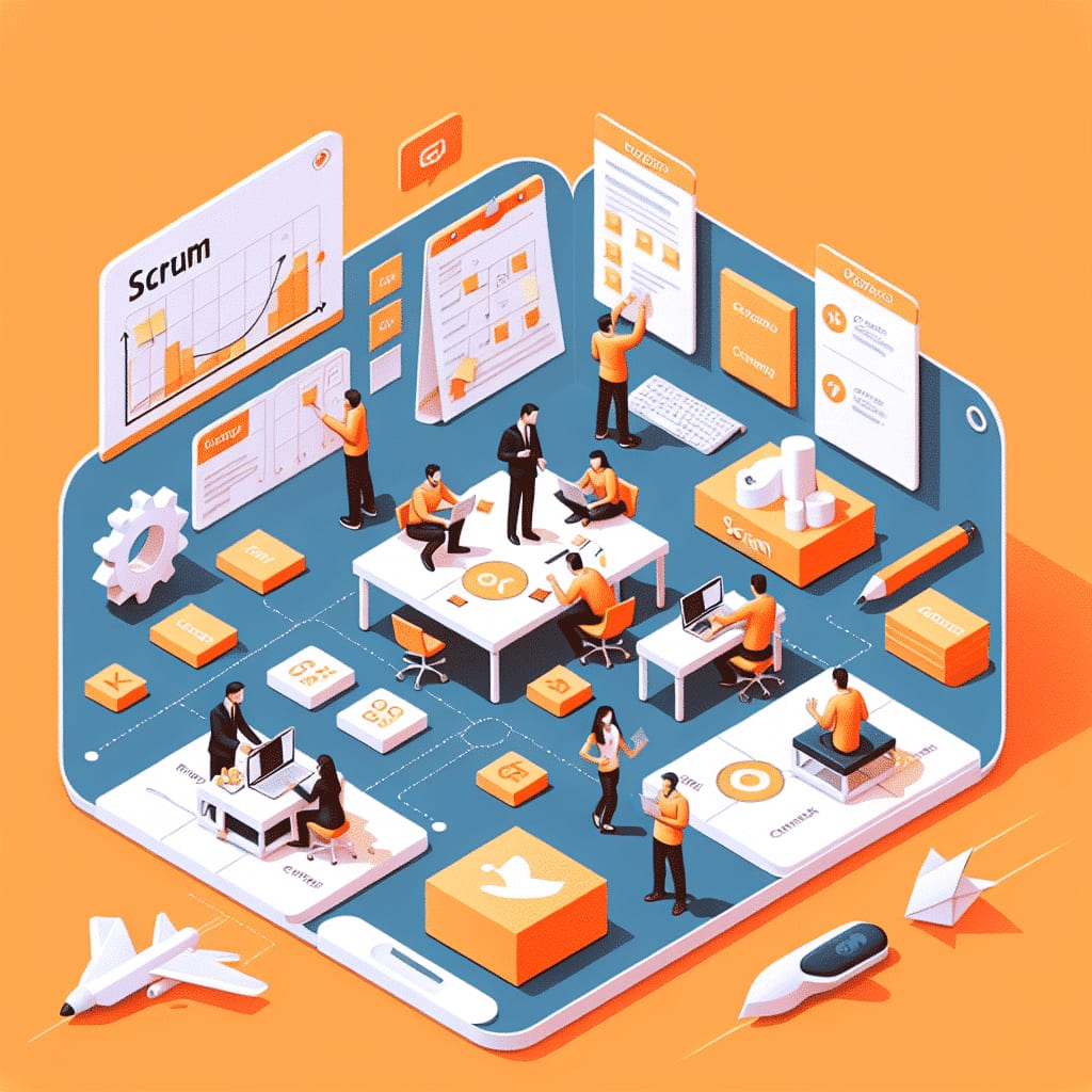 Isometric illustration of a team at desks and a task board around a burndown chart headed “Scrum”