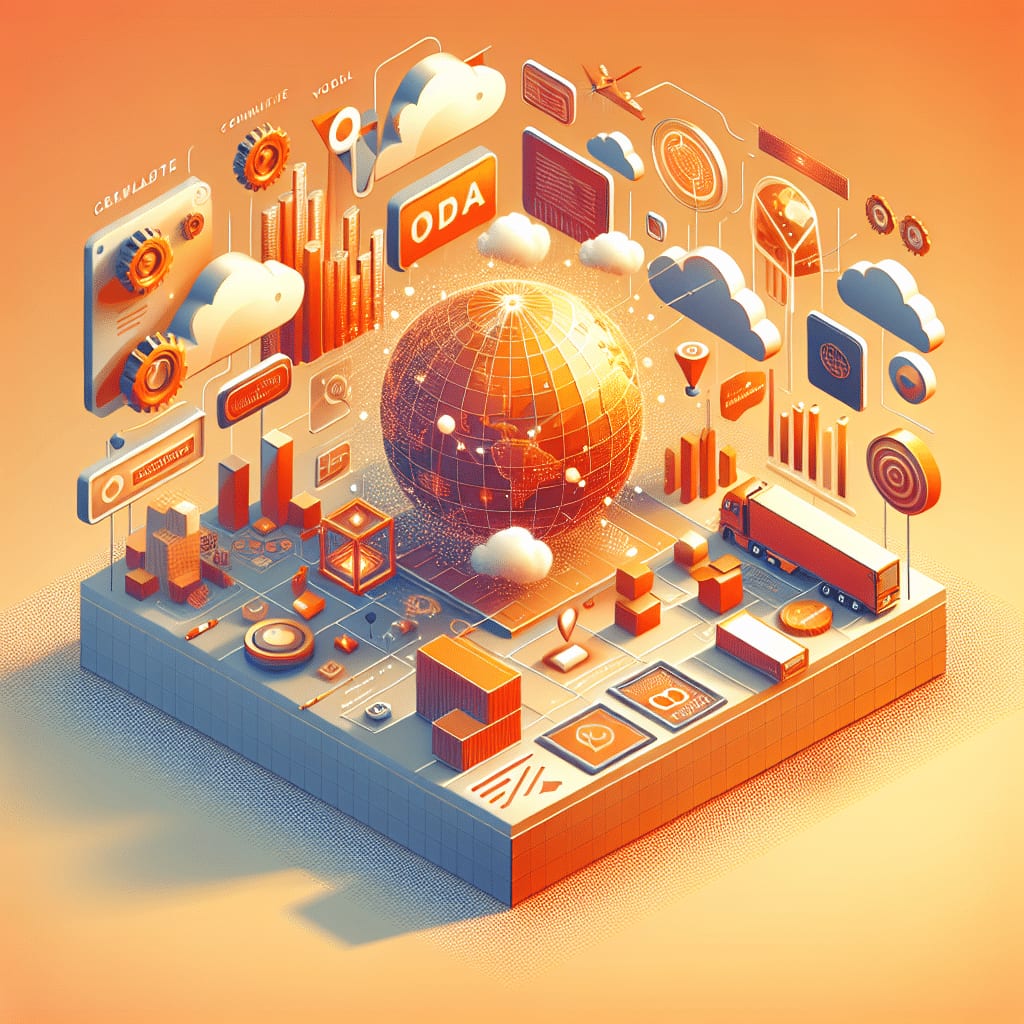 Isometric illustration of a glowing wireframe globe above a landscape of buildings, a lorry and data panels