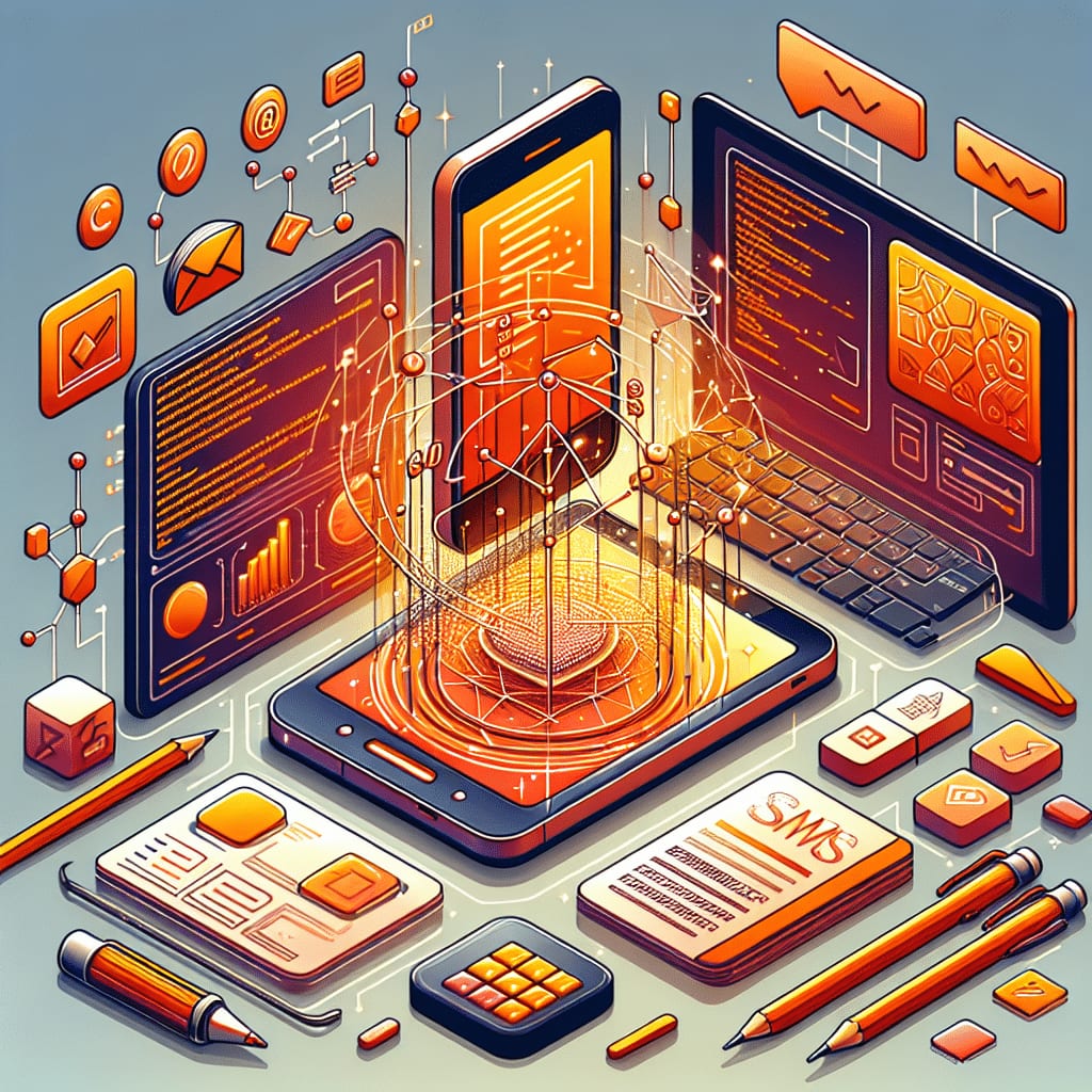 Ilustración isométrica de un teléfono entre dos pantallas de código, con una red de mensajes irradiando desde él