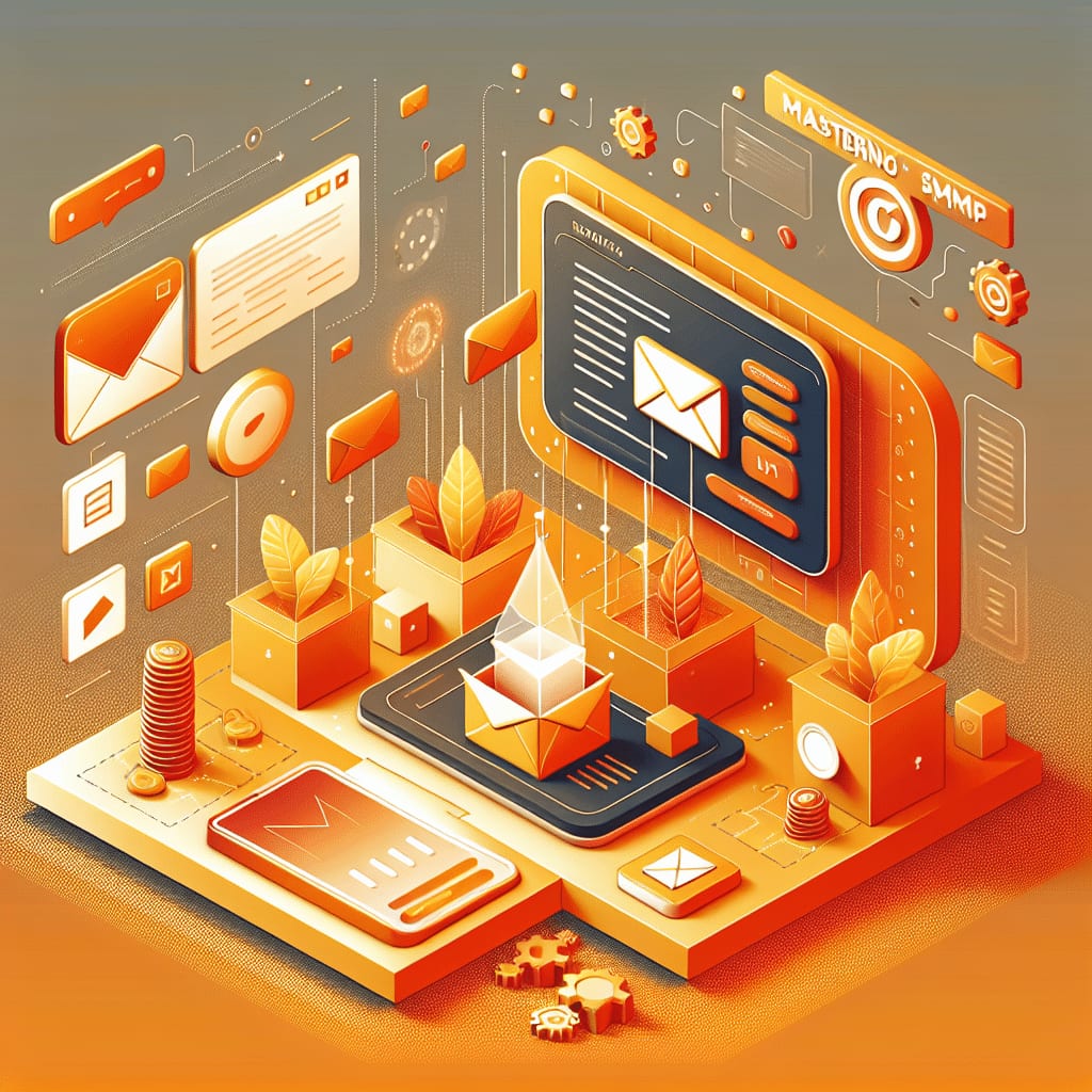 Ilustración isométrica de un monitor con un sobre abierto, rodeado de iconos de correo flotantes y un avión de papel