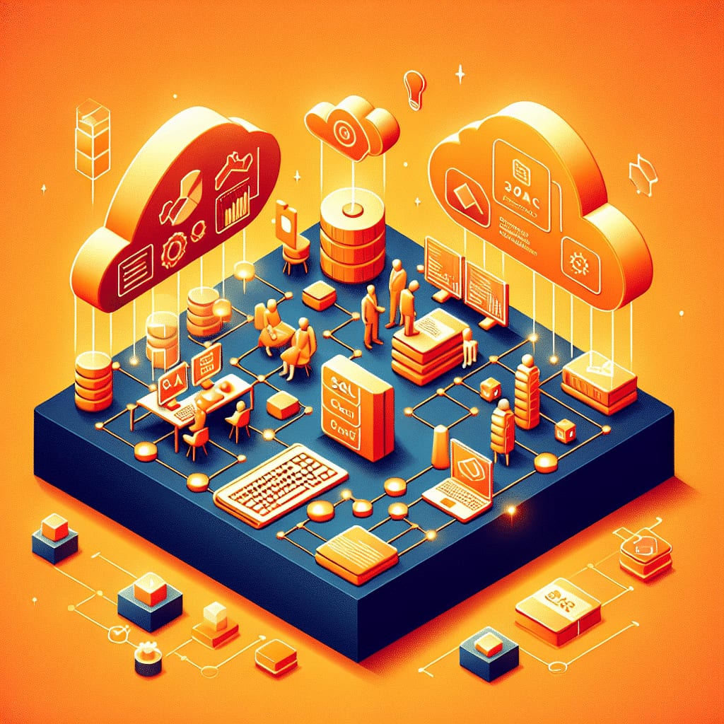 Isometric illustration of database cylinders and query screens on a platform, with analysts working between two clouds