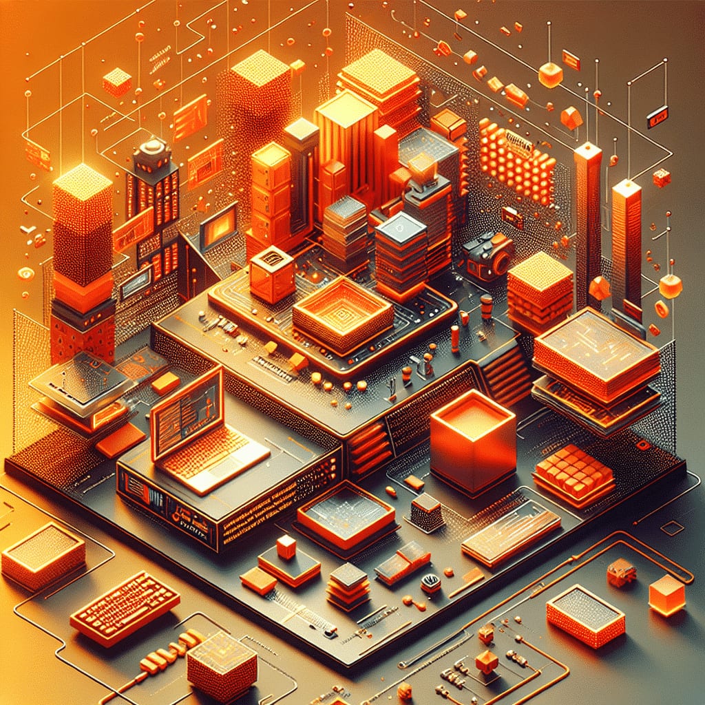 Isometric illustration of dense memory towers and circuit blocks around a laptop, in glowing orange