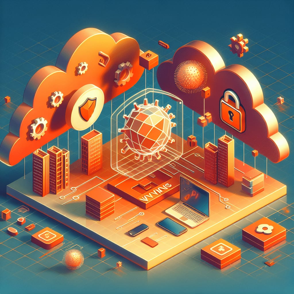 Isometric illustration of a wireframe globe shielded inside a glass case on a platform, between two clouds carrying a padlock and a shield