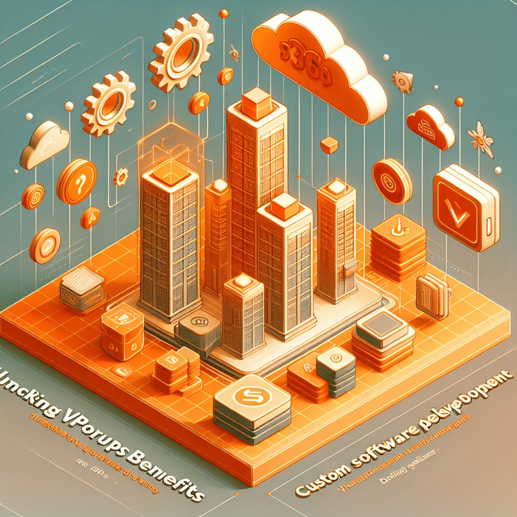 Ilustración isométrica de torres de servidores sobre una plataforma naranja, con nubes, engranajes e iconos de estado colgando encima