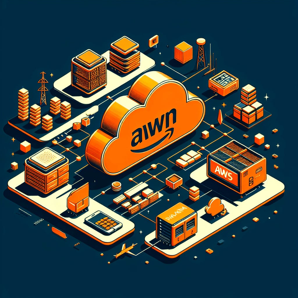 Isometric illustration of an orange cloud carrying the Amazon logo, wired to server racks, a phone and network towers