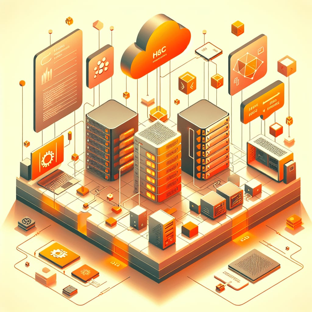 Ilustración isométrica de racks de servidores sobre una plataforma bajo una nube naranja, conectados a cuadros de mando y a un puesto de trabajo